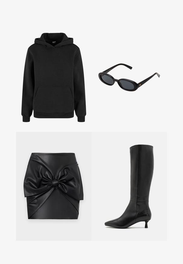 Zwarte hoodie gemaakt van zachte stof, met een kangoeroe-pocket, geribbelde mouwen en een capuchon met trekkoord. Eenvoudig, minimalistisch ontwerp.; Zwarte faux leren mini-rok met een grote strik aan de voorkant, een gladde textuur en een gestructureerd silhouet met plooidetails.; Zign Laarzen - black; Zwarte oversized zonnebril met ovale lenzen, een glad plastic montuur en gouden accenten op de pootjes. Donkere lenzen bieden bescherming tegen de zon.