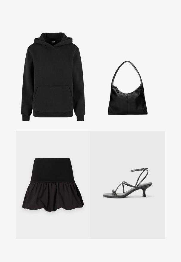 Čierna mikina s kapucňou vyrobená z mäkkej tkaniny, má klokaní vrecko, rebrované manžety a kapucňu s šnúrkou. Jednoduchý, minimalistický dizajn.; Čierna rozšírená sukňa s rebrovaným pásom a nariasenou textúrou na okraji, vyrobená z ľahkej tkaniny pre pohodlie a pohyb.; Čierne lodičky na podpätku s tenkými remienkami, otvorenou špičkou a malým rozšíreným podpätkom. Materiál vyzerá hladko a lesklo.; Čierna kožená taška cez rameno s hladkou textúrou, zakrivenou hornou časťou a jedným popruhom. Má zipsové uzatváranie a minimalistický dizajn.