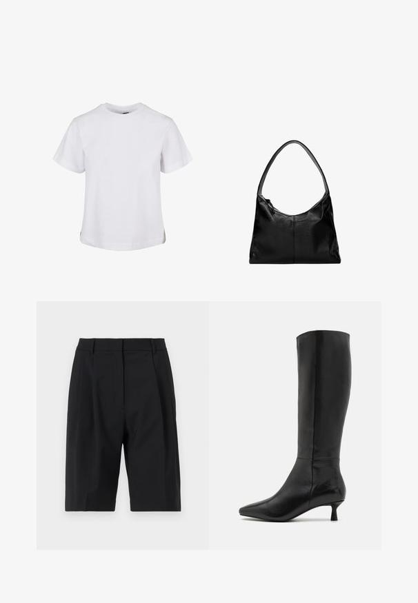 Puha anyagból készült fekete kapucnis pulóver, kenguruzsebb, bordás mandzsetták és húzózsinóros kapucni jellemzi. Egyszerű, minimalista dizájn.; Urban Classics BOXY TEE - Basic póló - white; Selected Femme SLFABBI BERMUDA - Rövidnadrágok - black; Zign Csizmák - black; Fekete bőr válltáska sima textúrával, ívelt tetővel és egyetlen pánttal. Cipzáras záródással és minimalista dizájnnal rendelkezik.