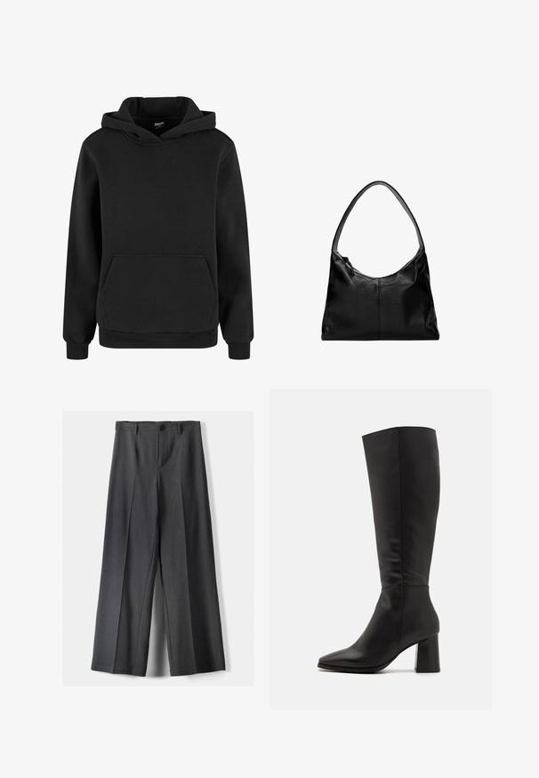 Felpa nera realizzata in morbido tessuto, con tasca a marsupio, polsi a costine e cappuccio con coulisse. Design semplice e minimalista.; Pantaloni a gamba larga in tessuto grigio scuro, dotati di chiusura con bottone, pieghe frontali e passanti per cintura. Texture liscia con un design su misura.; Stivale nero alto fino al ginocchio realizzato in pelle liscia. Presenta una punta affusolata e un tacco a blocco spesso e texturizzato. Dettagli di cucitura minimal.; Borsa a spalla in pelle nera con una texture liscia, una parte superiore curva e una sola tracolla. Presenta una chiusura con zip e un design minimalista.