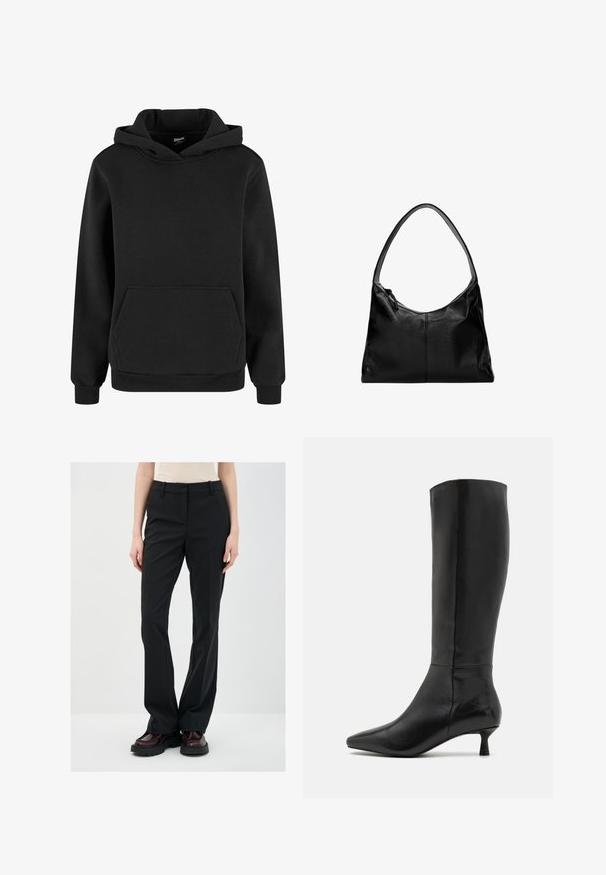 Zwarte hoodie gemaakt van zachte stof, met een kangoeroe-pocket, geribbelde mouwen en een capuchon met trekkoord. Eenvoudig, minimalistisch ontwerp.; Zwarte geklede broeken met een recht gesneden ontwerp, gemaakt van een gladde stof. Voorzien van riemlussen en een platte voorkant. Gepaard met donkere laarzen.; Zign Laarzen - black; Zwarte leren schoudertas met een gladde textuur, een gebogen bovenkant en een enkele schouderband. Voorzien van een ritsluiting en een minimalistisch design.