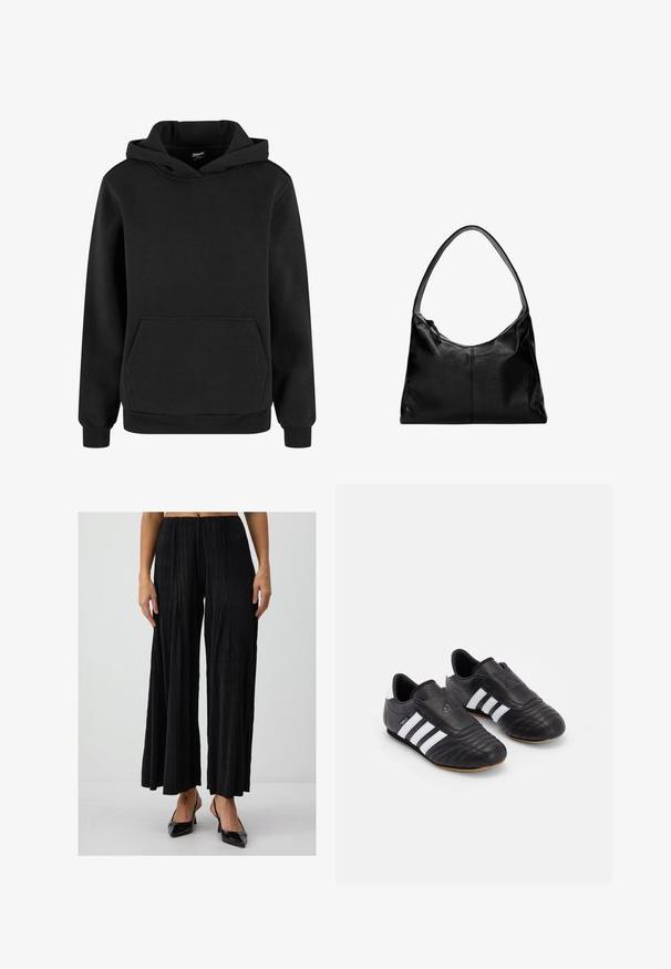 Schwarzer Hoodie aus weichem Stoff mit einer Kängurutasche, gerippten Bündchen und einer Kapuze mit Kordelzug. Einfaches, minimalistisches Design.; Schwarze, plissierte weit geschnittene Hose mit elastischem Bund, die mit vertikalen Linien und einer glatten Textur versehen ist, kombiniert mit schwarzen spitzen Schuhen.; Schwarze Fußballschuhe mit einem strukturierten Lederoberteil, ausgestattet mit einer gepolsterten Vorderseite, drei weißen Streifen an den Seiten und einer Gummisohle.; Schwarze Leder-Umhängetasche mit glatter Textur, geschwungenem oberen Rand und einem einzigen Tragegurt. Sie verfügt über einen Reißverschluss und ein minimalistisches Design.