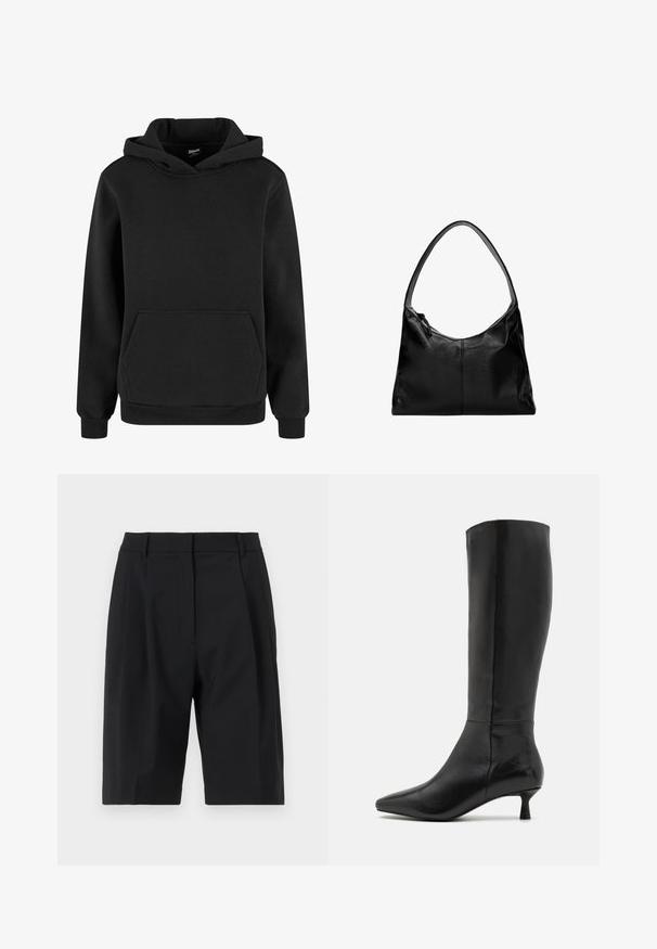 Černá mikina vyrobená z měkkého materiálu, s klokankovou kapsou, žebrovanými manžetami a kapucí na stažení. Jednoduchý, minimalistický design.; Selected Femme SLFABBI BERMUDA - Šortky - black; Zign Vysoká obuv - black; Černá kožená kabelka na rameno s hladkým povrchem, zakřiveným vrškem a jedním popruhem. Disponuje zipovým zavíráním a minimalistickým designem.