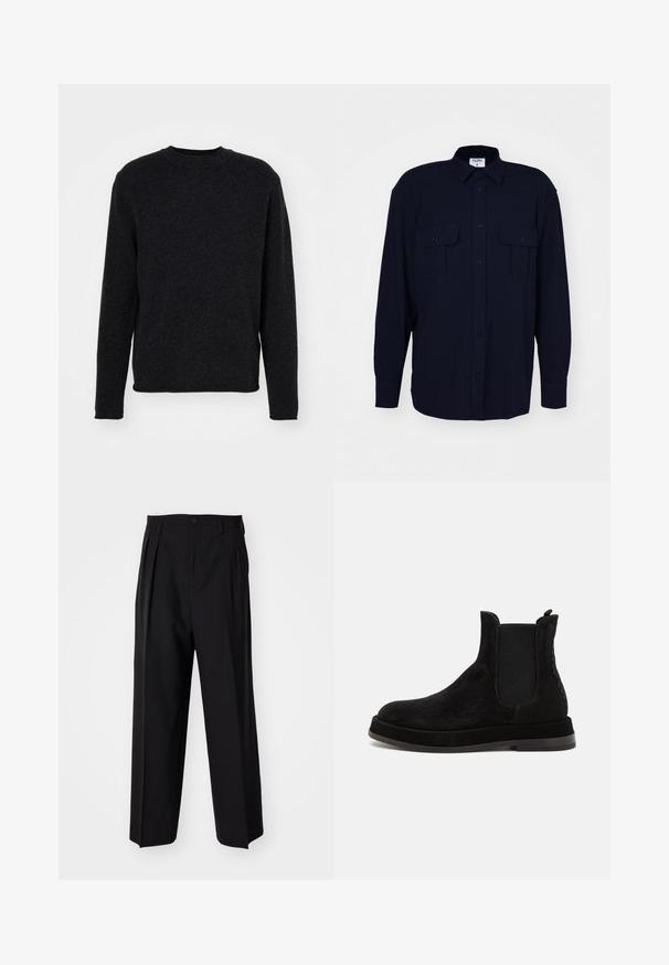 Filippa K ROLLED HEM - Jumper - anthracite melange; Filippa K RELAXED PATCH POCKET SHIRT - Shirt - navy; Black pleated trousers with a straight, wide-leg design. Made from smooth fabric, featuring a button closure and belt loops.; Black suede Chelsea boots with elastic side panels, round toe, and a flat sole. Textured detail along the side adds visual interest.