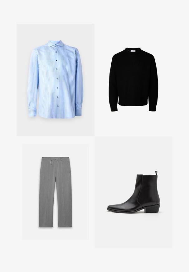 Black knitted sweater with a round neckline, long sleeves, and ribbed cuffs and hem. Features a soft texture and a classic fit.; Light blue button-up shirt with white vertical stripes, long sleeves, and a spread collar. Features blue buttons and cuff accents.; Gray tailored pants with a textured finish. Features a front zipper, side pockets, and a silver hardware accent. Straight-leg design.; Zign LEATHER - Cowboy/biker ankle boot - black