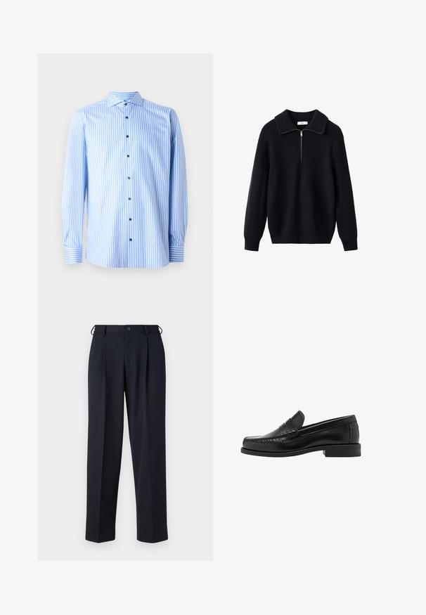 Pull noir en tricot avec une texture côtelée, un col large et une fermeture éclair à mi-hauteur à l'avant. Manches longues et coupe décontractée.; Chemise bleu clair à boutons, avec des rayures blanches verticales, des manches longues et un col évasé. Présente des boutons bleus et des accents aux poignets.; Pantalons bleu marine en tissu lisse, à coupe droite, avec un devant plié et une fermeture à bouton à la taille.; Mocassins en cuir noir avec une finition lisse, des coutures sur le bout et un design à talon bas pour le confort et le style.