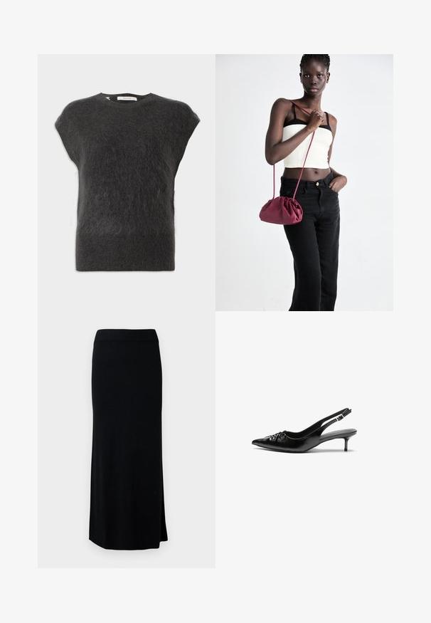 Tmavě šedý, krátký rukáv svetr vyrobený z měkkého, huňatého materiálu. Hladký kulatý výstřih s minimálním švem a uvolněný střih.; Černá, dlouhá, pletená sukně s postranním rozparkem. Disponuje elastickým pasem a hladkou texturou. Jednoduchý, přiléhavý střih. Žádné viditelné vzory nebo akcenty.; Černé kožené sandály na nízkém podpatku s řemínkem kolem paty, špičatou špičkou, nízkým ježkovým podpatkem a nabráním na nártu. Hladká textura a minimalistický design.; Burgundská měkká taška s nabíraným designem a dlouhým popruhem, nošená přes tělo. Model má na sobě bílý crop top a černé džíny.