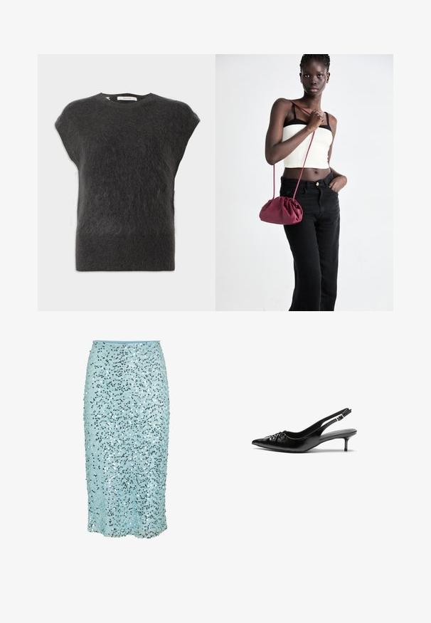 Temno siva, kratka majica z rokavi, izdelana iz mehkega, puhastega materiala. Okrogla izreza brez vidnih šivov in sproščen kroj.; Svetlo modra suknja s okrasnimi bleščicami in prilegajočim dizajnom, okrašena z valovitimi vzorci bleščic, do kolen in z gladko teksturo.; Črne usnjene slingback pete z izostrenim nosom, majhno mačje peto in okrasno vozličasto podrobnostjo na sprednjem delu. Gladka tekstura po celotni površini.; Burgundska mehka torbica z zbranim dizajnom in dolgim trakom, nošena čez telo. Model nosi belo kratko majico in črne kavbojke.