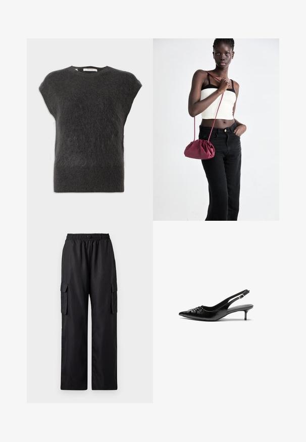 Dunkelgrauer, kurzärmeliger Pullover aus weichem, flauschigem Material. Rundhalsausschnitt mit minimalen Nähten und lockerer Passform.; Schwarze Cargo-Hosen mit einem elastischen Bund, zwei seitlichen Taschen und einem entspannten, weiten Schnitt. Hergestellt aus glattem, leichtem Material.; Schwarze Slingback-Pumps aus Leder mit spitz zulaufender Schuhspitze, niedrigem Kitten-Heel und gerafftem Detail am Vorderblatt. Glatte Textur und minimalistisches Design.; Burgunderfarbene Handtasche aus weichem Stoff mit gerafftem Design und langem Trageriemen, quer über den Körper getragen. Das Modell trägt ein weißes Crop-Top und schwarze Jeans.