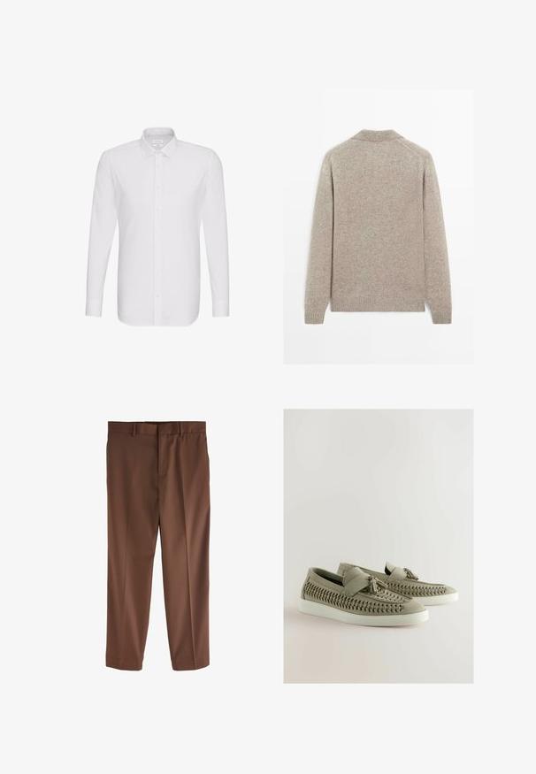 Beżowy, dziany sweter z długim rękawem, z ściągaczami na mankietach, dolnym wykończeniu i kołnierzu, pokazany z tyłu na białym tle.; Biała koszula z długim rękawem zapinana na guziki, wykonana z gładkiego materiału, z klasycznym kołnierzykiem i prostym krojem z długim przodem.; Brązowe spodnie o dopasowanym kroju, gładkiej fakturze, prostej nogawce, z szlufkami na pasek oraz jednym fałdowaniu z przodu. Bez widocznych kieszeni ani akcentów.; Jasnoszare buty slip-on z plecionką, gładkim wykończeniem i białymi gumowymi podeszwami. Posiadają płaski pasek i dekoracyjne frędzle.