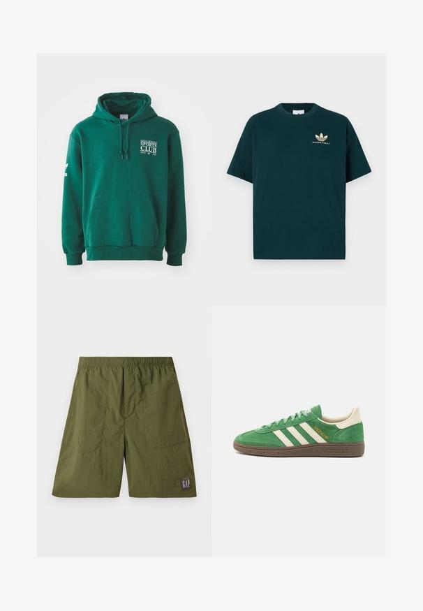Groene hoodie van zacht materiaal, met een buidelzak, verstelbare capuchon en witte tekstbranding op de borst en mouw.; Donkergroen katoenen T-shirt met een ronde hals, korte mouwen en een gouden bedrukt logo met drie bladeren en het woord "BASKETBAL."; Groene nylon shorts met een elastische tailleband, twee zijzakken en een patchlabel met "GAP" in het wit op een donkergrijze achtergrond.; Groene suède sneakers met een witte drie-strepenontwerp, crème accenten en een bruine gestructureerde zool. "SPEZIAL" geborduurd in goud op de zijkant.
