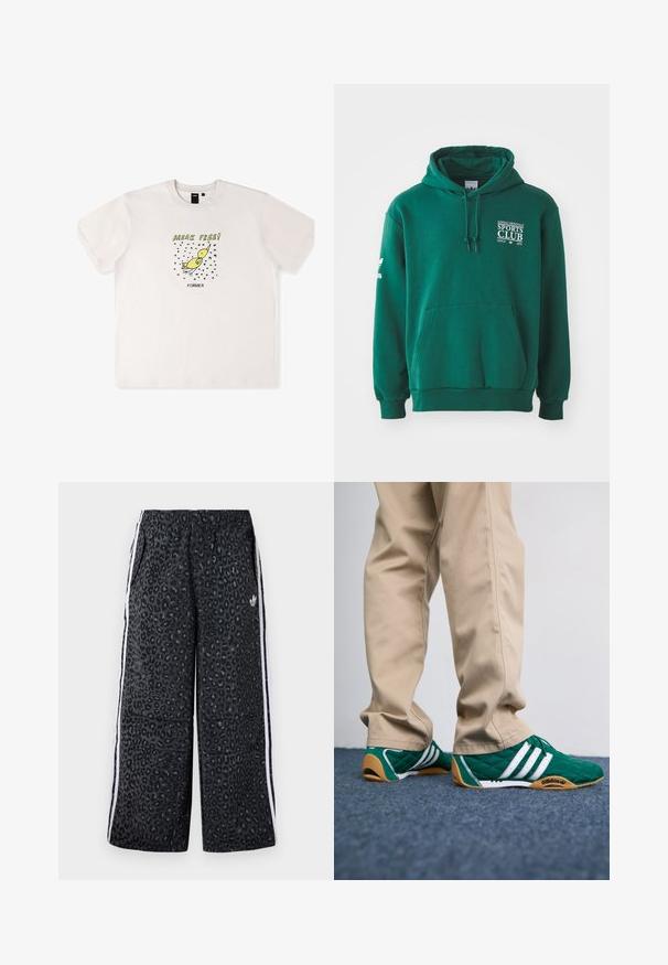 Grøn hættetrøje lavet af blødt stof, med en kengurulomme, snørehætte og hvid tekstbranding på brystet og ærmet.; Hvid bomulds t-shirt med et grafik af en gul fugl og teksten "BRYDE FRIE!" i sort. Korte ærmer med en løs pasform.; adidas Originals GRAPHIC UNISEX - Træningsbukser - black; Grønne quiltede sneakers med hvide striber og brune gummisåler, parret med beige bukser. Designet har en lav profil og tekstureret materiale.