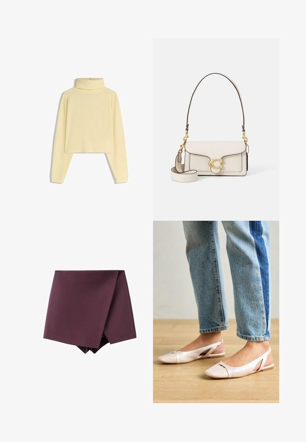 Gul, ribbet turtleneck sweater med lange ærmer og cropped design, der har en blød tekstur og en afslappet pasform.; Mørk lilla asymmetrisk miniskørt med et wrap front design og en glat stoftekstur.; Lyserøde slingback flade sko med spidse tær, lavet af et glat læderlignende materiale. Har udskæringsdetaljer på siderne og en flad hæl.; Creme læderhandtaske med en struktureret design, kontrasterende sorte kanter, guldbeslag og en aftagelig strop med et signaturlogo.