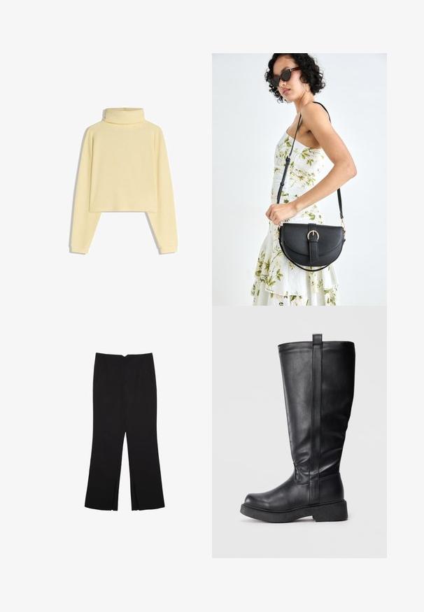 Keltainen, ryppyinen poolopaita pitkillä hihoilla ja lyhyellä muotoilulla, jossa on pehmeä rakenne ja rento istuvuus.; Mustat housut suoralinjaisella leikkauksella, joissa on etutaskut ja sivurei'ät helman alla. Valmistettu pehmeästä ja sileästä kankaasta. Sopii eri tilaisuuksiin.; Mustat polvipituiset saappaat, jotka on valmistettu sileästä nahasta, joissa on litteä pohja, sivusauma ja pieni vetoketju ylhäällä helpompaa pukemista varten.; Musta nahkainen käsilaukku, joka on kaareva muotoilultaan, irrotettavalla hihnalla ja kultaisilla yksityiskohdilla. Laukussa on läppä, jossa on solk yksityiskohta.