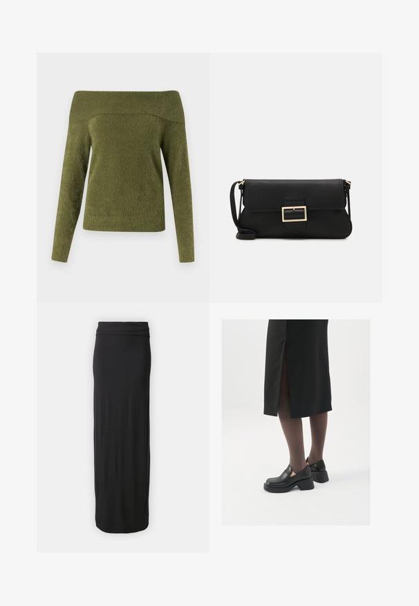 Off-the-shoulder, long-sleeve sweater in olive green, crafted from soft, textured fabric with a ribbed neckline and smooth body.; Black, floor-length skirt made from soft, stretchy fabric with a fitted waistband. Simple, smooth design without patterns or embellishments.; Black leather shoes with a rounded toe, thick block heel, and elastic side accents, paired with dark tights and a black skirt with a slit.; Black leather clutch bag with a flap and a gold metal buckle detail. Includes a black strap and a sleek, minimalist design.