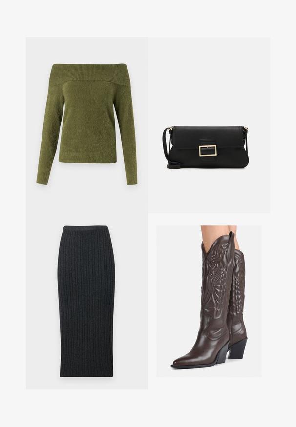 Olkan valot tuvasta, pitkähihainen vihreä neule, joka on valmistettu pehmeästä, teksturoidusta kankaasta, jossa on ribatty kaula-aukko ja sileä vartalo.; Tummanharmaa ribbiknitti midi-hame, jossa on muotoon mukautuva siluetti ja joustava vyötärö. Ominaisuuksiin kuuluu pystysuuntainen ribbikuviointi, joka tuo tekstuuria.; Ruske nahkasaappaat, joissa on terävä kärki ja laatikkokorko, varustettu yksityiskohtaisella ompelulla ja kohotetuilla yksityiskohdilla varsiosassa.; Musta nahkainen kynäpenkkilaukku, jossa on läppä ja kultainen metallinen solkiyksityiskohta. Mukana musta hihna ja tyylikäs, minimalistinen muotoilu.; Hope hopea, joissa on kierren muotoilu, kiiltävä pinta ja takana kiinnitettävä suljin. Halkaisija noin 3 cm.