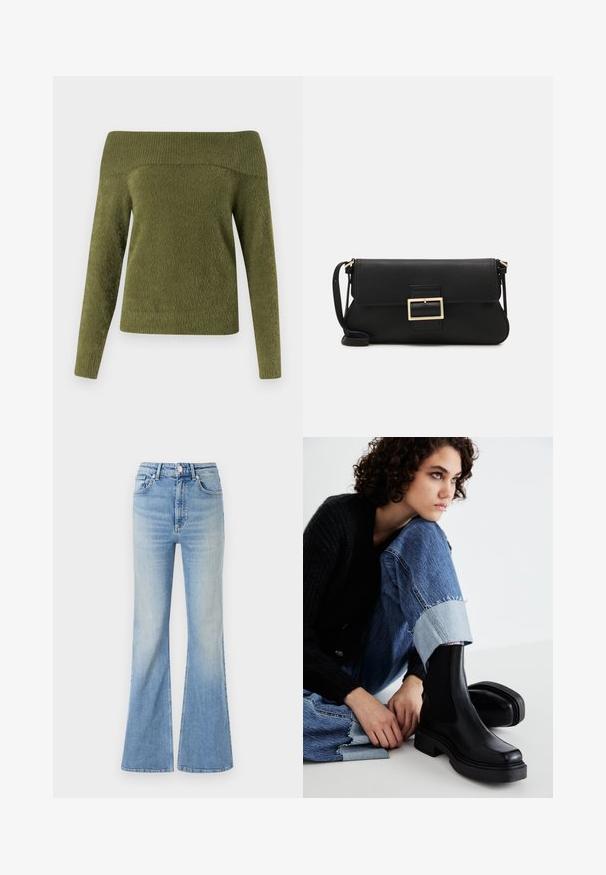 Off-the-shoulder, langærmet sweater i olivengrøn, fremstillet af blødt, struktureret stof med en ribbet halsudskæring og glat krop.; Lyseblå flared jeans lavet af denim, med høj talje, fem-lommekonstruktion og en subtil gradientafblegning mod kanten.; Sorte ankelstøvler med elastiske sidepaneler, tyk sål og firkantet tå. Båret med slidte blå jeans med en frynset kant.; Sort læder clutchtaske med klap og detaljer i guldmetallisk spænde. Inkluderer en sort rem og et slankt, minimalistisk design.; Guldfarvede hoops øreringe, tynde og runde i formen, med en glat metallisk finish uden udsmykninger eller mønstre.