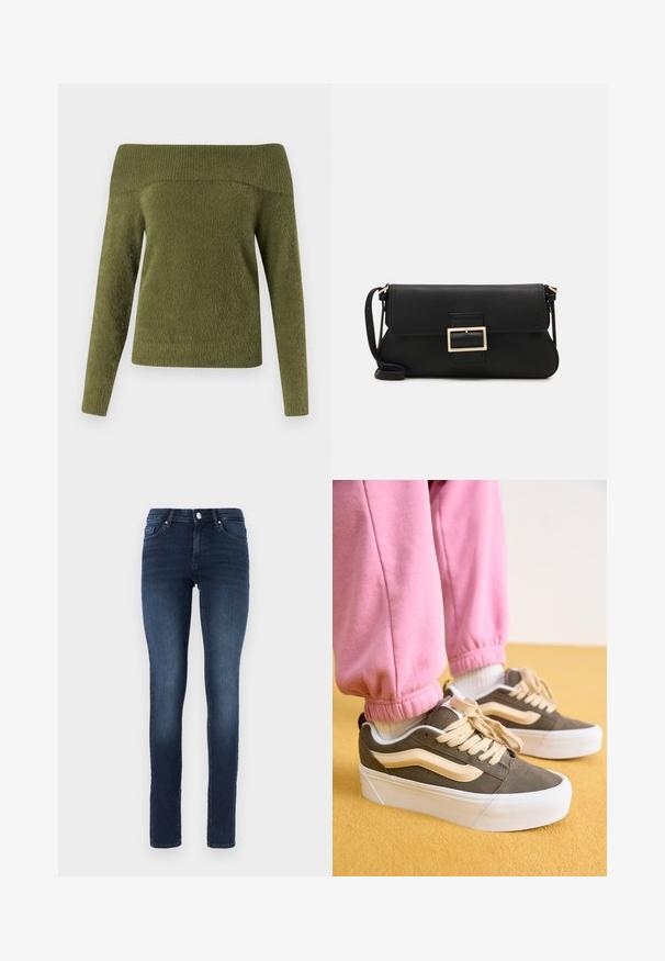 Sveter s odhalenými ramenami a dlhými rukávmi v olivovej zelenej farbe, vyrobený z mäkkej, textúrovanej tkaniny s rebrovaným výstrihom a hladkým telom.; Tmavo modré úzke džínsové nohavice s klasickým päť vreckovým dizajnom, s gombíkovým zapínaním a jemným vyblednutím na stehnách.; Tenisky s olivovozeleným zvrškom zo semišu, krémovými akcentmi a hrubou bielou podrážkou. Spárované s ružovými zamýkanými teplákmi, stojac na žltom povrchu.; Čierna kožená clutch taška s klopou a zlatým kovovým detailom s prackou. Obsahuje čierny remienok a elegantný, minimalistický dizajn.; Strieborné kruhové náušnice s prúteným dizajnom, s lešteným povrchom a zapínaním na kolíček. Majú priemer približne 3 cm.