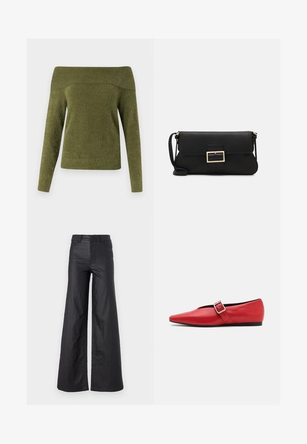 Sweter odsłonięty na ramionach, z długimi rękawami w oliwkowym kolorze, wykonany z miękkiego, teksturowanego materiału z prążkowanym dekoltem i gładką częścią ciała.; Czarne, szerokie spodnie z materiału przypominającego skórę. Posiadają wysoki stan, szlufki na pasek, dwie przednie kieszenie oraz przeszycia.; Czerwone skórzane baleriny z wąskim noskiem, z bocznym paskiem z metalowym klamrą i niskim czarnym obcasem. Gładka tekstura na całej powierzchni.; Czarna skórzana torebka kopertowa z klapką i detalem w postaci złotej metalowej klamry. Zawiera czarny pasek oraz elegancki, minimalistyczny design.; Srebrne kolczyki w kształcie obręczy z skręconym wzorem, z polerowanym wykończeniem i zapięciem na sztyft. Mają średnicę około 3 cm.