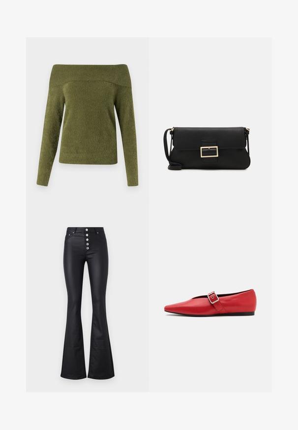 Pull en olive décolleté, à manches longues, confectionné dans un tissu doux et texturé avec un col côtelé et un corps lisse.; Pantalons noirs évasés en matériau lisse et extensible avec une taille haute et cinq boutons métalliques à l'avant. Comprend deux poches latérales.; Ballerine en cuir rouge avec une pointe pointue, comportant une lanière sur le côté avec une boucle en métal et un petit talon noir. Texture lisse sur l'ensemble.; Pochette en cuir noir avec un rabat et un détail en boucle en métal doré. Inclut une sangle noire et un design épuré et minimaliste.; Boucles d'oreilles en argent en forme de créoles avec un design torsadé, dotées d'une finition polie et d'une fermeture à poussoir. Mesurent environ 3 cm de diamètre.
