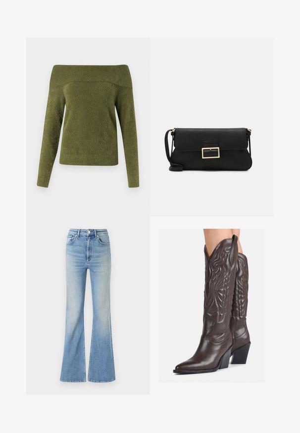 Off-the-shoulder, long-sleeve sweater in olive green, crafted from soft, textured fabric with a ribbed neckline and smooth body.; Light blue flared jeans made of denim, featuring a high waist, five-pocket design, and subtle gradient fading towards the hem.; Brown leather cowboy boots with pointed toe and block heel, featuring detailed stitching and raised accents on the shaft.; Black leather clutch bag with a flap and a gold metal buckle detail. Includes a black strap and a sleek, minimalist design.