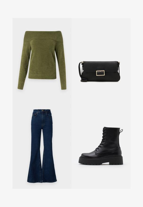 Džemperis ar atklātām plecu daļām un garām piedurknēm olīvu zaļā krāsā, izgatavots no mīksta, teksturēta auduma ar ribota tipa apkakli un gludu ķermeni.; LOIS Jeans PALAS - Bootcut piegriezuma džinsi - stone whiskers; Melni ādas potītēm zābaki ar apļveida purngalu, auklām priekšpusē un biezu gumijas zoli ar teksturētu protektoru. Velkšanas cilpa aizmugurē.; Melnas ādas saķeres soma ar atloku un zelta metāla sprādzi. Ietver melnu siksnu un elegantu, minimālistisku dizainu.