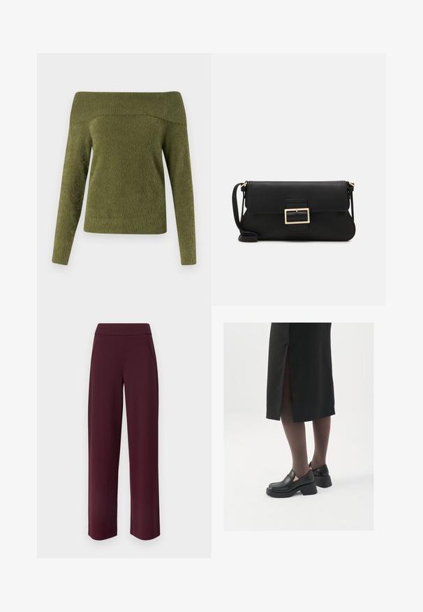 Pulover z dolgimi rokavi, prerezan nad rameni, v olivno zeleni barvi, izdelan iz mehke, teksturirane tkanine z rebrastim ovratnikom in gladkim telesom.; JDY JDYLOUISVILLE CATIA WIDE PANT - Hlače - wine tasting; Črne usnjene čevlje s zaobljenim prstom, debelim blokastim petama in elastičnimi stranskimi detajli, v kombinaciji s temno nogavicami in črno krilo z razporkom.; Črna usnjena torbica na preklop z zlato kovinsko zaponko. Vključuje črn trak in eleganten, minimalističen dizajn.; Zlate uhane v obliki obročkov z gladko, sijočo površino. Krožna zasnova s majhnim nosilcem in prozornim podplatom za varno nošenje.