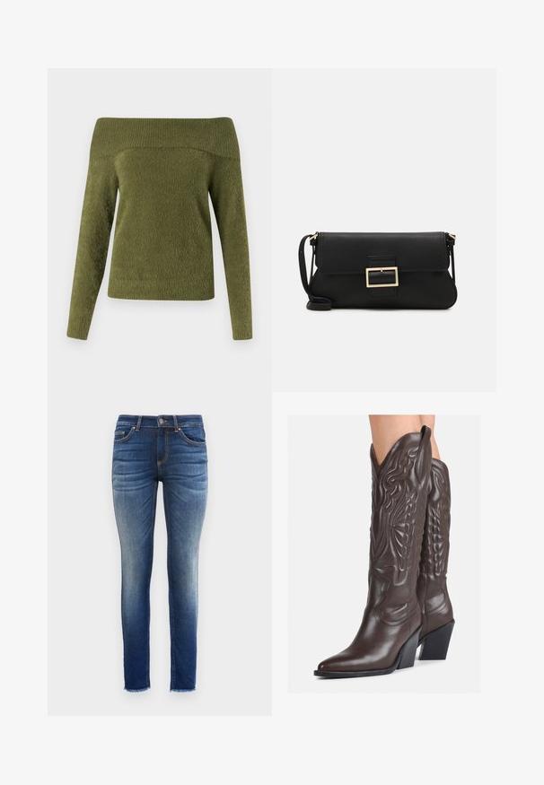 Off-the-shoulder, ilgomis rankovėmis megztinis alyvuogių žalumos spalvos, pagamintas iš minkštos, tekstūruotos medžiagos su raukinėta apykakle ir lygia dalimi.; Lieknos džinsai, pagaminti iš džinsinio audinio, su gradientiniu skalbiniu nuo tamsiai mėlynos iki šviesiai mėlynos, penkių kišenių dizainu ir sušalusių kraštų prie kulkšnų.; Rudos odinės kaubojaus batai su smailiu priekiu ir blokuotu kulnu, pasižymintys detaliu siuvinėjimu ir iškiliais akcentais ant ašies.; Juodas odinis dėkliukas su atvarteliu ir auksinės metalinės sagties detalėmis. Įeina juodas diržas ir elegantiškas, minimalistinis dizainas.; Aukso auskarai su lygiu, blizgiu paviršiumi. Apvalus dizainas su maža užrakto dalimi ir skaidria atrama saugiam nešiojimui.