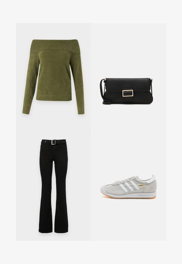 Olive zöld, vállnál nyitott, hosszú ujjú pulóver, puha, texturált anyagból készült, bordázott nyakkivágással és sima testtel.; Fekete, sima textúrájú farmer anyagból készült, bővülő szárú nadrág, széles derékrésszel, ezüst csattal és két elülső zsebbel.; Világosszürke sportcipő velúr és hálós anyagból, három fehér csíkkal, kerek orral és gumi talppal. Arany logó dísz a fűzők közelében.; Fekete bőr kézitáska hajtóka részlettel és aranyszínű fém csattal. Tartalmaz egy fekete pántot és egy letisztult, minimális dizájnt.; Ezüst karika fülbevalók csavart kialakítással, fényes felülettel és fülbevaló tűzáras zárással. Átmérőjük körülbelül 3 cm.