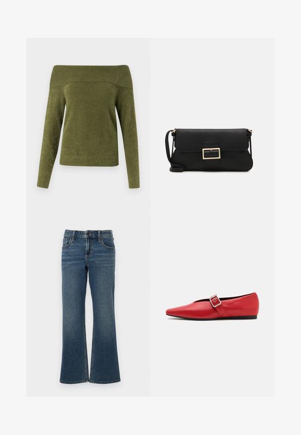 Olkan valot tuvasta, pitkähihainen vihreä neule, joka on valmistettu pehmeästä, teksturoidusta kankaasta, jossa on ribatty kaula-aukko ja sileä vartalo.; Tummansininen farkkukangas, joka on leveälahkeinen ja korkea vyötärö. Farkuissa on viisi taskua ja eriväristä ommelta. Kankaan pinta on sileä ja hieman kulunut.; Punainen nahkainen tasapohjainen kenkä, jossa on terävä kärki, sivuhihna metalli soljella ja matala musta korko. Tasainen pintakäsittely.; Musta nahkainen kynäpenkkilaukku, jossa on läppä ja kultainen metallinen solkiyksityiskohta. Mukana musta hihna ja tyylikäs, minimalistinen muotoilu.