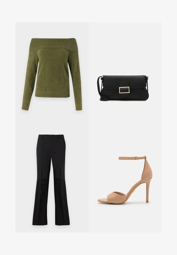 Pull en olive décolleté, à manches longues, confectionné dans un tissu doux et texturé avec un col côtelé et un corps lisse.; Pantalons évasés noirs en tissu lisse, avec un devant plat, des poches latérales et une taille classique avec passants de ceinture.; ALDO CRERIDE PILLOW WALK - Sandales - beige; Pochette en cuir noir avec un rabat et un détail en boucle en métal doré. Inclut une sangle noire et un design épuré et minimaliste.; Boucles d'oreilles en argent en forme de créoles avec un design torsadé, dotées d'une finition polie et d'une fermeture à poussoir. Mesurent environ 3 cm de diamètre.