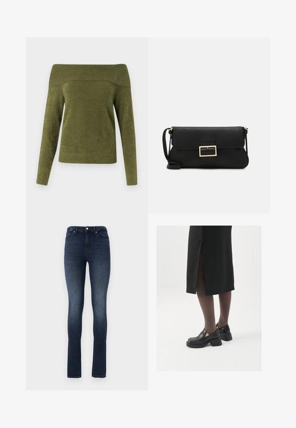 Džemperis ar atklātām plecu daļām un garām piedurknēm olīvu zaļā krāsā, izgatavots no mīksta, teksturēta auduma ar ribota tipa apkakli un gludu ķermeni.; Tumšas denima bikses ar šauru piegriezumu, augstu jostasvietu, piecu kabatu dizainu un metāla pogas aizdari. Gluda tekstūra ar nedaudz izbalējušu efektu.; Melni ādas apavi ar noapaļotu purngalu, biezām bloku papēžiem un elastīgiem sānu akcentiem, apvienoti ar tumšām zeķubiksēm un melnu svārku ar šķirbu.; Melnas ādas saķeres soma ar atloku un zelta metāla sprādzi. Ietver melnu siksnu un elegantu, minimālistisku dizainu.