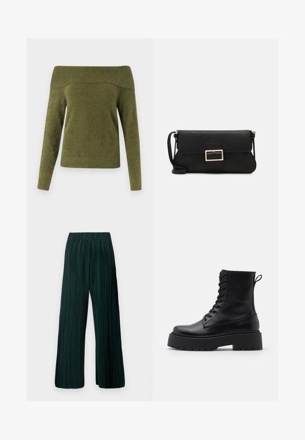 Olkan valot tuvasta, pitkähihainen vihreä neule, joka on valmistettu pehmeästä, teksturoidusta kankaasta, jossa on ribatty kaula-aukko ja sileä vartalo.; Housut leveällä lahkeella ja pleats-tyylillä tumman vihreänä. Valmistettu pehmeästä kankaasta, jossa on teksturoitu kuvio ja joustava vyötärönauha mukavuutta varten.; Musta nahkainen nilkkureita, joissa on pyöreä kärki, nauhakiinnitys edessä ja paksu kumipohja, jossa on teksturoitu pinta. Takana vetotappi.; Musta nahkainen kynäpenkkilaukku, jossa on läppä ja kultainen metallinen solkiyksityiskohta. Mukana musta hihna ja tyylikäs, minimalistinen muotoilu.