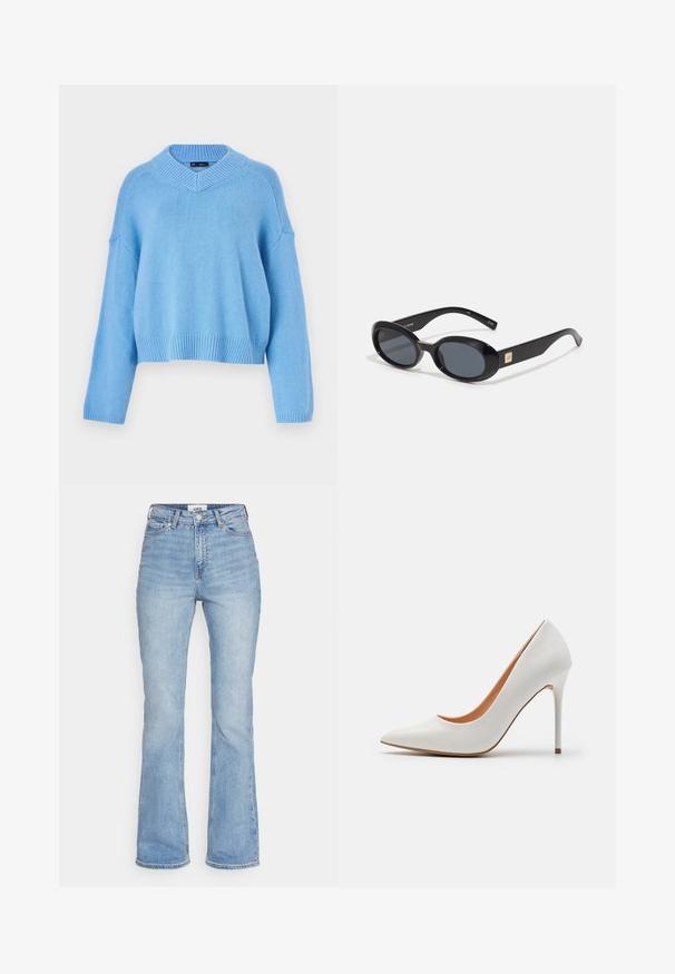 Light blue knitted sweater with a wide V-neck, ribbed cuffs, and hem. Features drop shoulders and a relaxed fit. Soft texture.; Light blue denim flared jeans with a high waist, featuring a classic five-pocket design and visible stitching on the seams.; White patent leather high-heeled pump with a pointed toe and slender stiletto heel, featuring a smooth texture and a beige interior.; Black oval sunglasses with dark lenses, glossy plastic frame, wide arms, and a small gold accent on one side.