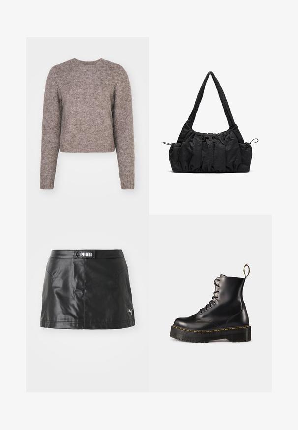 Maglione corto color marrone chiaro, con maniche lunghe, scollo rotondo e tessuto a maglia texturizzato. Nessun modello visibile o dettagli in metallo.; Gonna nera in ecopelle con una texture liscia, dotata di un logo PUMA in vita e un piccolo logo sull'orlo.; Stivali alla caviglia in pelle nera con lacci, dotati di una suola nera spessa e cuciture gialle. Presentano una linguetta sul retro e occhielli metallici circolari.; Borsa a tracolla in tessuto nero con texture arricciata, due manici e chiusura a coulisse sui lati. Materiale liscio e leggero.