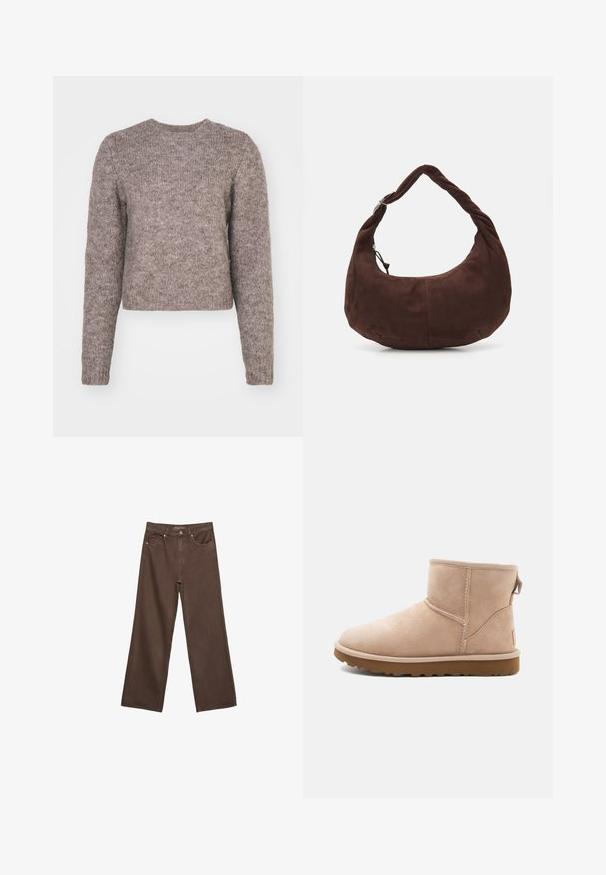 Light brown, cropped sweater with long sleeves, round neckline, and a textured knit fabric. No visible patterns or hardware details.; Wide-leg brown jeans made of denim, featuring a high waist, front pockets, and a classic button closure. Smooth texture with subtle stitching.; Beige suede ankle boot with a rounded toe, stitched accents, and a textured brown rubber sole. Features a pull tab on the back.; Becksöndergaard LONA SMALL BAG - Handbag - hot fudge brown