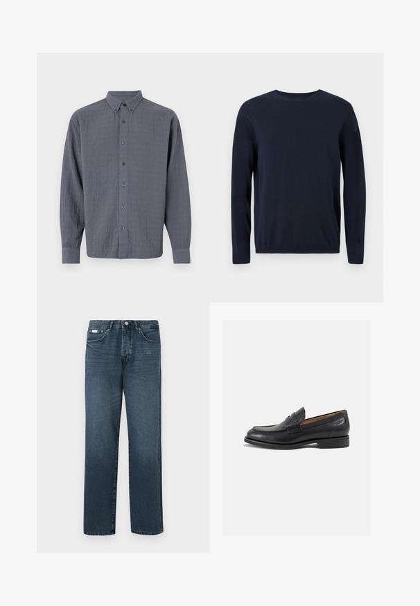 Pulover tricotat bleumarin, cu mâneci lungi, decolteu tip crew și manșete și tiv cu nervuri. Prezintă un mic logo pe piept.; Cămașă gri cu mâneci lungi, realizată dintr-un material texturat, având un guler clasic și șase butonieră frontale.; Jeans din denim albastru închis, cu o croială dreaptă, cinci buzunare, bucle pentru centură și fermoar. Textură netedă cu detalii subtile de decolorare.; Mocasini din piele neagră cu o finisare netedă, vârf rotund și cusături decorative pe partea superioară. Toc mic și stivuit, cu o ușoară strălucire.
