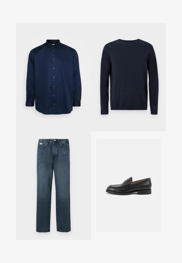 Tummansininen neulepaita, jossa on pitkät hihat, pyöreä kaula-aukko sekä ribbaus hihansuissa ja helmassa. Paitaa koristaa pieni logo rinnassa.; Tummansininen napeilla varustettu paita, joka on valmistettu sileästä kankaasta. Siinä on klassinen kaulus, pitkät hihat ja etuosassa nappilista, jossa on yhteensopivat napit.; Tummansiniset farkut suoralla istuvuudella, viisi taskua, vyölenkit ja vetoketjuluukku. Sileä pinta, jossa on hienovaraisia kulumisia.; Mustat nahkaloaferit, joissa on sileä pinta, pyöreä varvas ja koristeompeleet varpaansuojassa. Matala pinottu korko ja hieno kiilto.