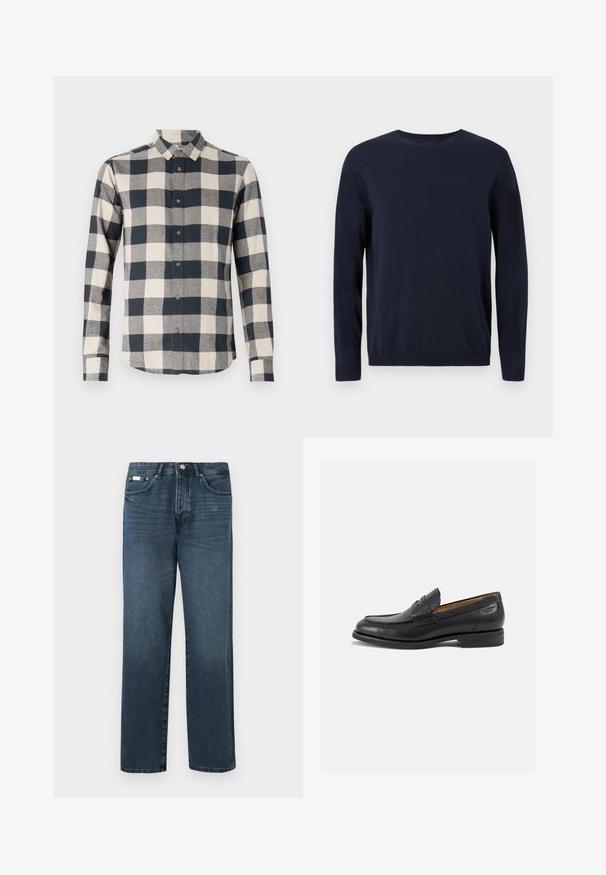 Tumedat sinise värvi kootud sviiter pikkade varrukatega, ringkaelusega ning ribidega mansettide ja alläärega. Ees on väike logo.; Tumesinise ja kreemika ruudulise mustriga pika varrukaga särk, nööbid alla ja geenise materjal, millel on kaarjas äär ja kontrastsed nööbid.; Tumed sinine denim materjalist sirge lõikega teksad, viie taskuga, vöödega ja lukuga. Sile tekstuur koos kergete pleekimisdetailidega.; Mustad mustad nahast loafers, sujuva viimistlusega, ümar sirge ja dekoratiivne tikand peal. Madal ja kergelt kuhjatud konts ning kerge läige.