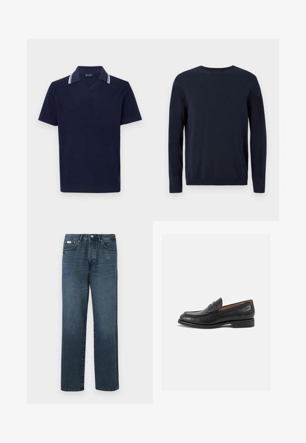Temno modra pletena majica z dolgimi rokavi, krožnim izrezom in rebrastimi manšetami ter robom. Ima majhen logotip na prsih.; Mornarsko majico s kratkimi rokavi iz polo z V-izrezom, ki ima bele dvojne črte ob ovratniku in teksturiran pleten vzorec po celotni površini.; Temno modri džins hlače z ravnim krojem, petimi žepi, obrobo za pas in zadrgo. Gladek material z nežnimi podrobnostmi zbledenja.; Črne usnjene loafers cipele z gladko površino, zaobljenim nosom in dekorativnim šivom na vampu. Nizek zloženi peti in rahla sijaj.