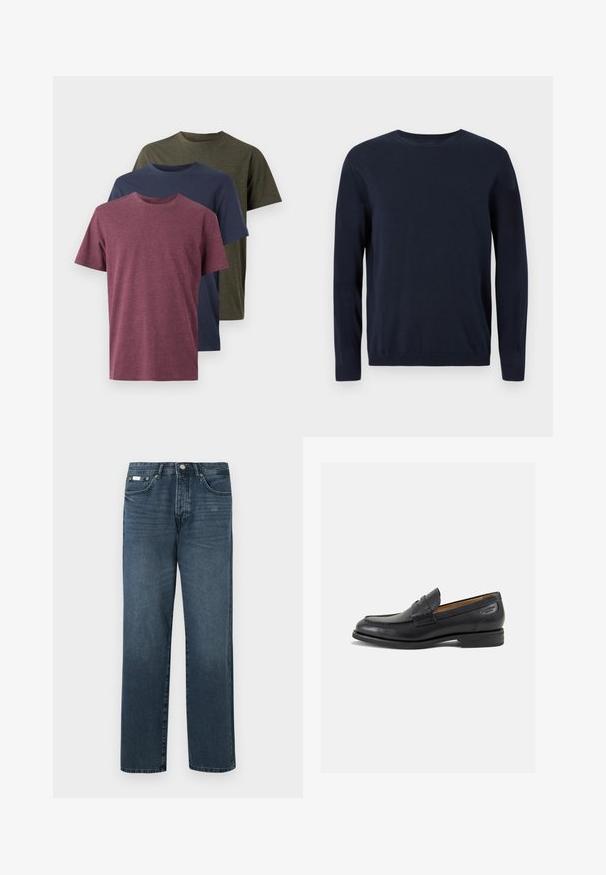 Tamsiai mėlynas megztinis su ilgomis rankovėmis, apvaliu iškirpimu ir nusmukusiais rankogaliais bei apačia. Ant krūtinės yra mažas logotipas.; Trys medvilniniai marškinėliai: raudonai rudi, tamsiai mėlyni ir alyvmedžio žali. Apvalios apykaklės dizainas, trumpomis rankovėmis ir minkštu, tekstūruotu paviršiumi.; Tamsiai mėlynos džinsinės kelnės, tiesaus modelio, su penkiomis kišenėmis, diržo kilpomis ir užtrauktuku. Lygaus tekstūros su subtiliais blukimo akcentais.; Juodi odiniai loafersai su lygiu paviršiumi, apvaliu pirštu ir dekoratyvine siūlė viršuje. Žemas sustiprintas kulnas ir lengvas blizgesys.