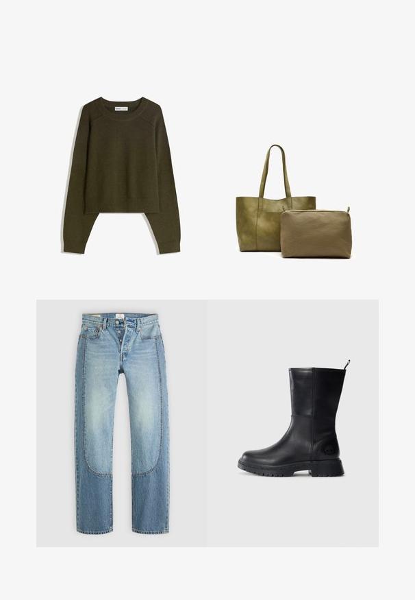 Olivovo zelený krátky sveter vyrobený z mäkkého, textúrovaného materiálu. Má dlhé rukávy a zaoblený výstrih s rebrovanými detailmi na leme.; Svetlomodré denimové džínsy so rovný, voľný strih, s kontrastnými panelovými detailmi a dizajnom s piatimi vreckami. Zapínanie na gombík.; Čierne kožené členkové topánky so silnou podrážkou s dezénom, hladkým povrchom a logom na boku. Obsahujú pútko pre jednoduché obúvanie.; Olívovo zelená kožená taška s dvoma ušami, vedľa menšieho olívovo zeleného látkového púzdra so zipsom. Hladké a textúrované povrchy.