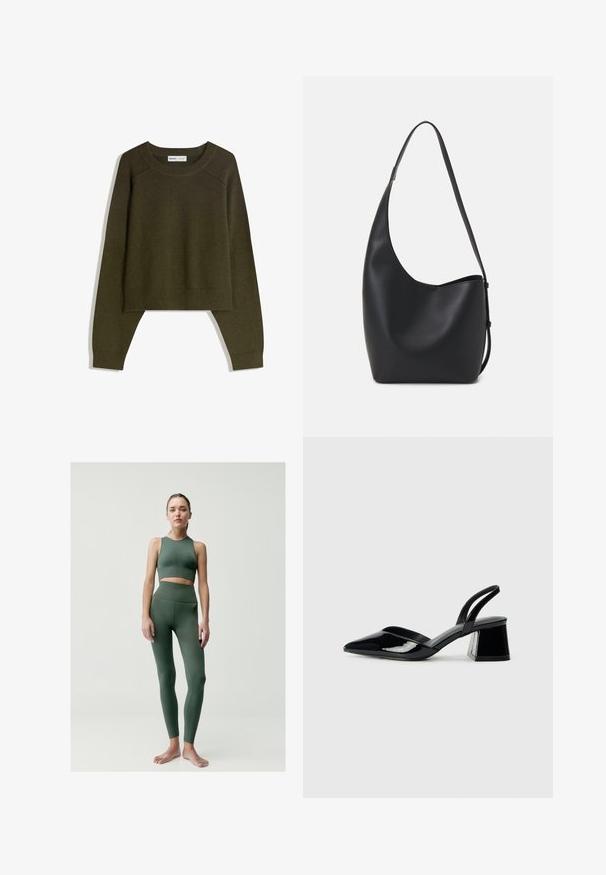 Olivově zelený zkrácený svetr vyrobený z měkké, texturované látky. Má dlouhé rukávy a zaoblený výstřih s žebrovanými detaily na lemu.; Zelená sportovní podprsenka a legíny s vysokým pasem, vyrobené z hladkého, elastického materiálu s přiléhavým střihem a jemnými detaily švů, modelka naboso.; Černé lakované kožené lodičky na pásku s špičatou špičkou a geometrickým blokovým podpatkem. Vyznačují se elegantním, minimalistickým designem a hladkým povrchem.; Černá kožená hobo taška s hladkým povrchem, zakřiveným tvarem a jedním nastavitelným popruhem; má široké otevírání nahoře.
