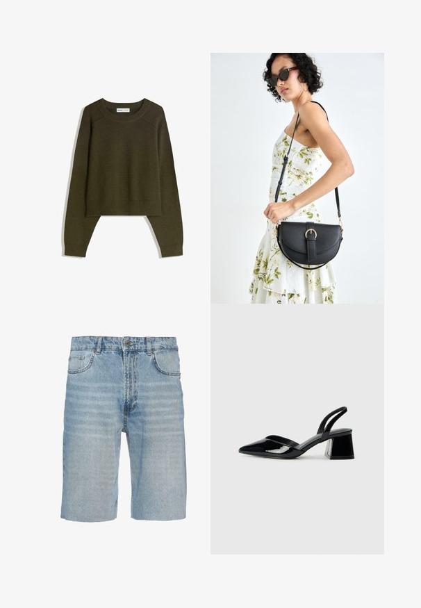 Kratka jopica olivno zelene barve iz mehke, teksturirane tkanine. Ima dolge rokave in zaobljen izrez z rebrastimi poudarki na robu.; Denim kratke hlače v svetlo modri barvi, s klasičnim pet-žepnim dizajnom, gumbom za zapiranje, ravnim krojem in subtilnimi detajli bledenja na tkanini.; Črne lakirane slingback pete s koničastim nosom in geometrijsko blokasto peto. Imajo eleganten, minimalističen dizajn in gladko teksturo.; Črna usnjena torbica s ukrivljeno obliko, z odstranljivo naramnico in zlatimi dodatki. Torbica ima pokrov s podrobnostmi v obliki zaponke.