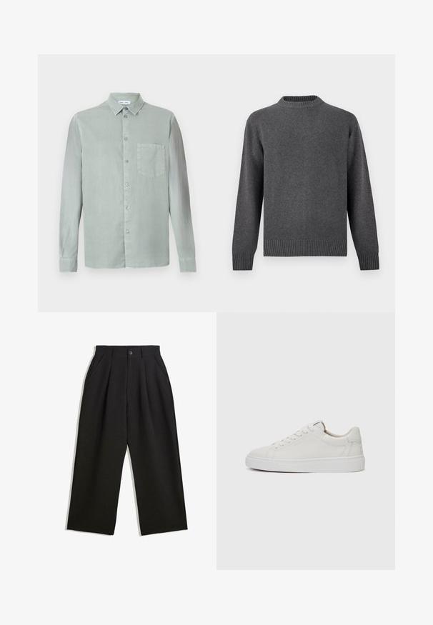 Grijze gebreide trui met een ronde hals, lange mouwen en ribgebreide manchetten en zoom. Zachte textuur met een gladde afwerking. Eenvoudig, modern ontwerp.; Lichtgroene overhemd met lange mouwen, een kraag met knopen, een borstas en een iets gestructureerde stof. Voorzien van bijpassende knopen.; Zwarte broeken met een relaxte pasvorm, voorzien van plooien aan de voorzijde, zijzakken en een knoopsluiting. Gemaakt van textiel met structuur.; Witte leren lage sneakers met een ronde neus, platte witte rubberen zool en minimalistische stikseldetails. Veters vastgemaakt via zes oogjes.