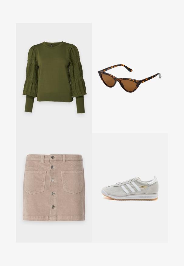 ONLY ONLMELITA O NECK - Džemperis - winter moss; ONLY ONLAMAZING HW LIFE PNT N - Minisvārki - goat; Gaišpelēka kedas, izgatavotas no zamša un sieta, ar trim baltām svītrām, apaļu purngalu un gumijas zoli. Zelta logo akcenta detaļa blakus auklām.; Kaķa acs saulesbrilles ar melnu un oranžu bruņurupuču rakstu rāmi, brūnām lēcām un elegantiem, norādītiem galiem. Rāmī ir minimālists logos uz tempļa.