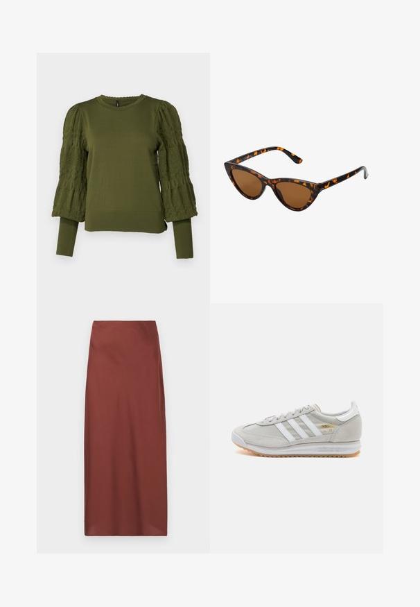 ONLY ONLMELITA O NECK - Pulover - winter moss; Burgundska krila do kolen narejena iz gladkega materiala z ravnim krojem in subtilnim sijajem. Ima visok pas in brez vidnih zaponk.; Svetlo sivi tenisice od antilopa i mrežaste tkanine, s tri bijele pruge, okruglim vrhom i gumenim potplatom. Zlatni logo akcent blizu vezica.; Mačje oči sončna očala z okvirom v črno-oranžni želvej ohišji, rjavimi lečami in elegantnimi, ostrimi konicami. Imajo minimalistični logo na ročaju.