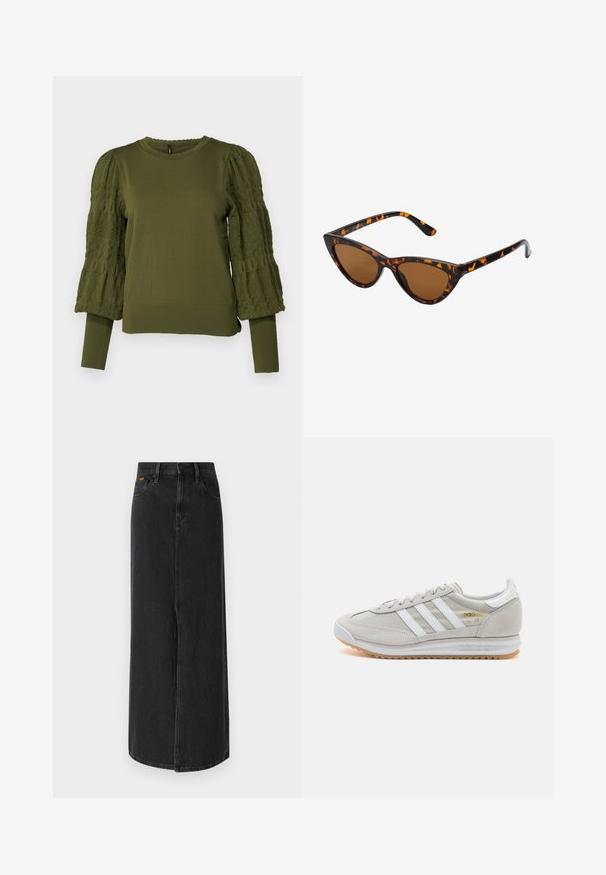 ONLY ONLMELITA O NECK - Vesta - winter moss; Crna traper maxi suknja ravnog kroja, s dizajnom od pet džepova i prednjim prorezom. Ima kopčanje na dugme i suptilne detalje šivanja.; Svijetlosivi tenisice od antilopa i mrežice, s tri bijele pruge, okruglim vrhom i gumenom potplatom. Zlatni logo akcent blizu vezica.; Sunglasses u obliku mačjih očiju s okvirom u crno-narančastom kornjačevom uzorku, smešnim lećama i elegatnim, šiljastim vrhovima. Sadrži minimalni logo na dršci.