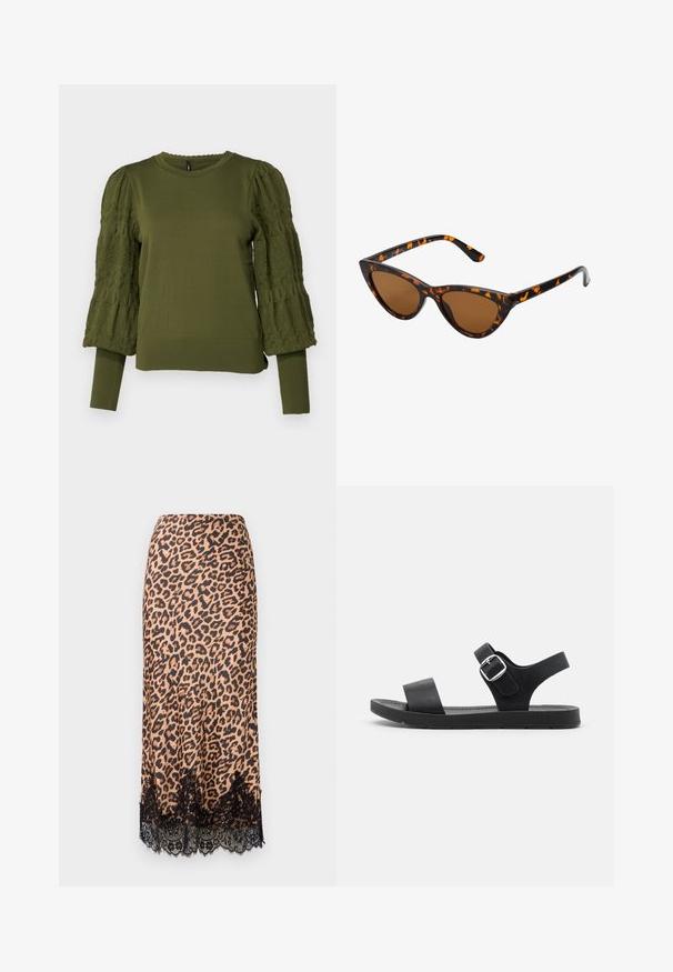 ONLY ONLMELITA O NECK - Pullover - winter moss; Jupe midi en imprimé léopard faite d'un tissu lisse, avec un ourlet en dentelle noire, présentant une coupe en A et une taille ajustée.; Sandale noire avec une semelle plate, boucle réglable, deux larges sangles et texture lisse, conçue pour le confort et la facilité d'enfilage.; Lunettes de soleil style œil de chat avec une monture en écaille de tortue noire et orange, verres marron et pointes effilées et élégantes. Présente un logo minimaliste sur la branche.
