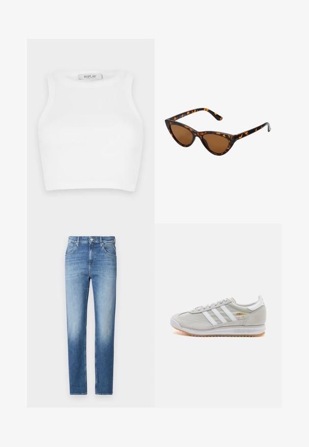 ONLY ONLMELITA O NECK - Striktrøje - winter moss; Hvid ribbet crop top med rund halsudskæring og ærmeløs design. Mærket læser "REPLAY" nær halsudskæringen. Glat tekstur hele vejen igennem.; Lyseblå denimjeans med lige pasform, falmet tekstur, fem lommer og knaplukning i taljen. Distinktiv syningsdetalje.; Lys grå sneaker lavet af ruskind og mesh, med tre hvide striber, rund tå og en sål af gummirubber. Guld logo detalje nær snørebåndene.; Kat-ejede solbriller med en sort og orange skildpaddemønstret stel, brune linser og slanke, spidse ender. Har et minimalistisk logo på skabelsen.